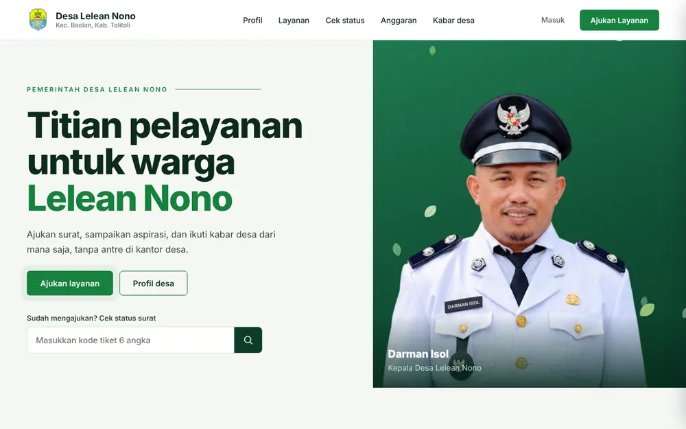 Tampilan beranda Desa Lelean Nono