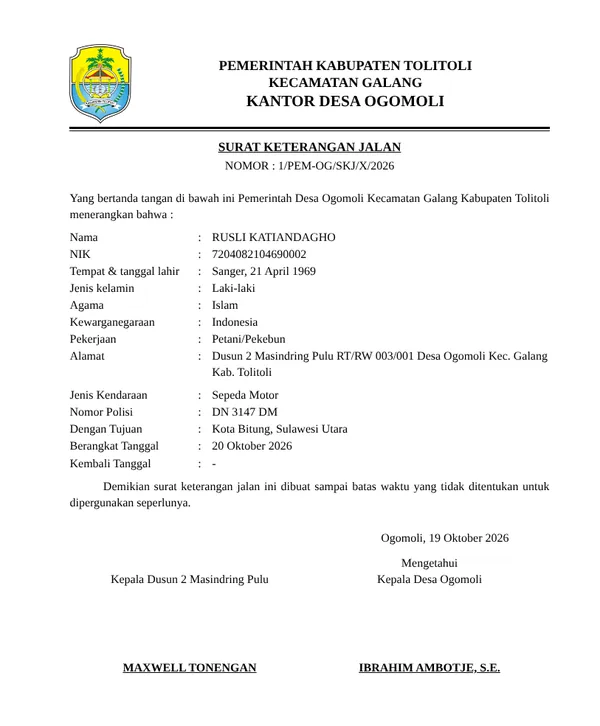 Contoh Surat Keterangan Jalan hasil sistem, format F4 huruf 12 poin